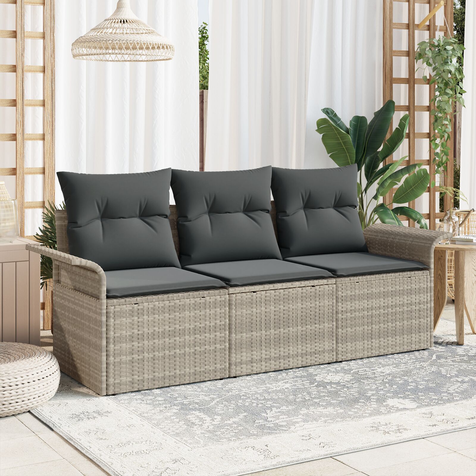 3-Delige Tuin Sofa Set Met Kussens Lichtgrijs Poly Rattan, 2-Zitter Tuin Sofa Met Opbergruimte & Kussens Lichtgrijs Poly Rattan Gegalvaniseerd Staal