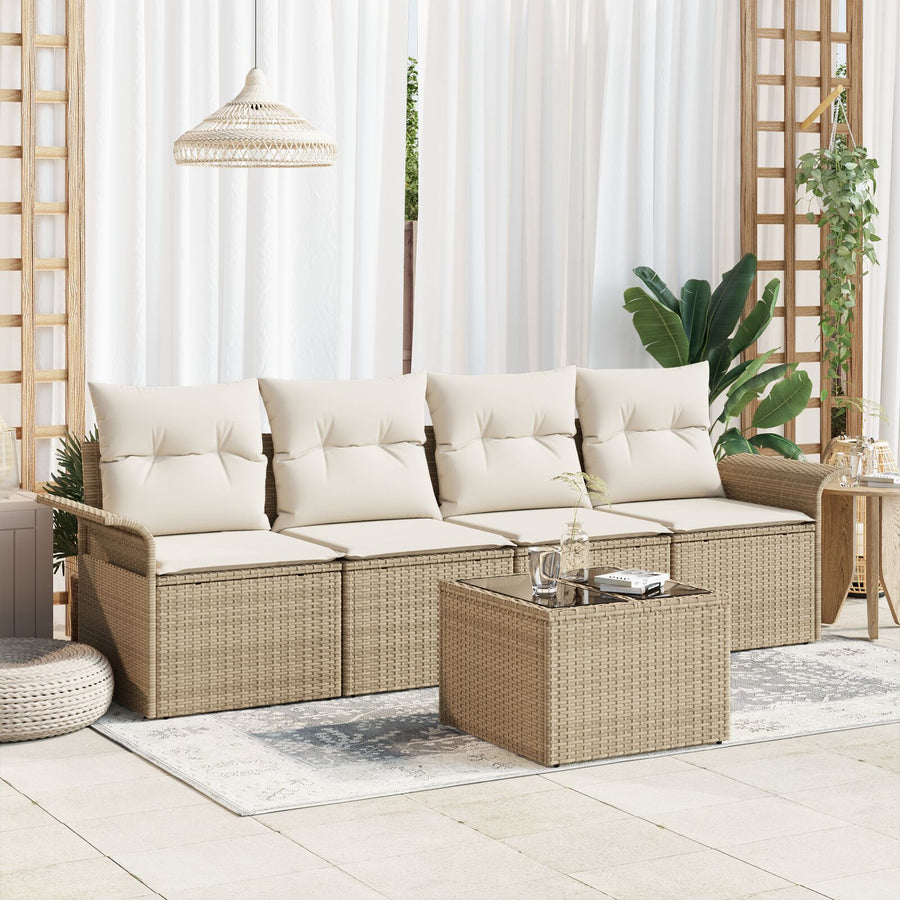 5-Delige Tuinsofaset Met Kussens Beige Poly Rattan