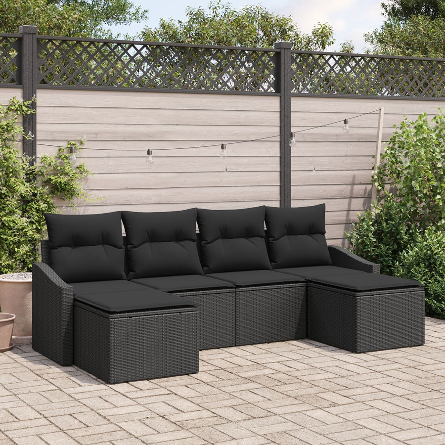 6-Delige Tuin Eettafelset Met Kussens Zwart Poly Rattan