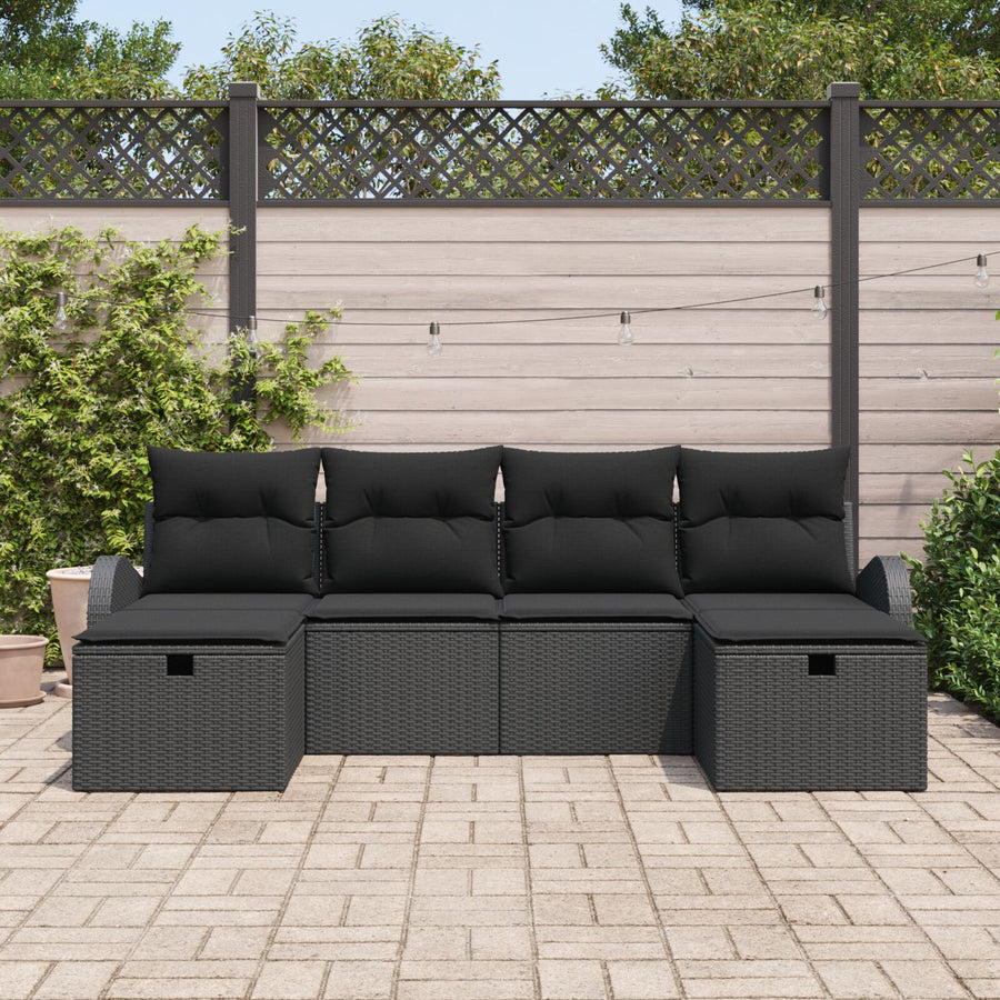 6-Delige Tuinbankset Met Kussens Zwart Poly Rattan