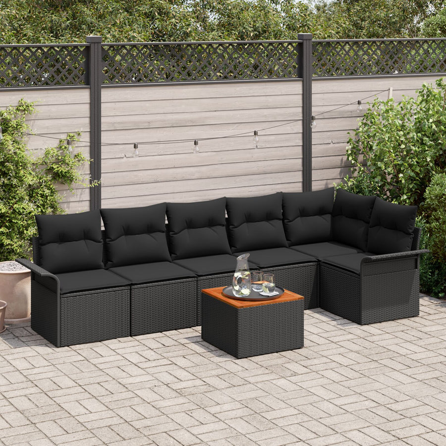 7-Delige Tuinbankset Met Kussens Zwart Poly Rattan Acacia