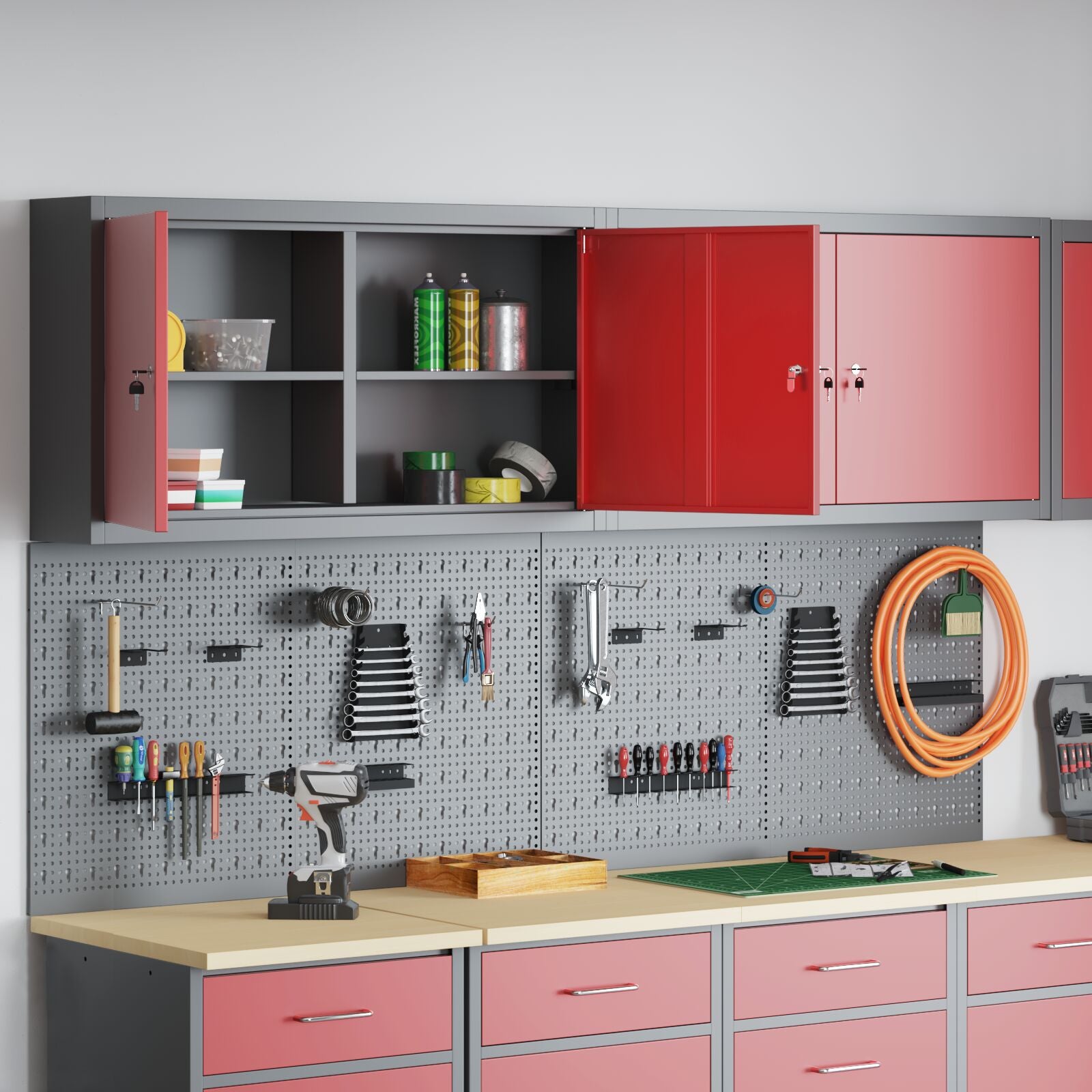 6-Delige Gereedschapskast En Pegboard Set Wandmontage Rode Metaal