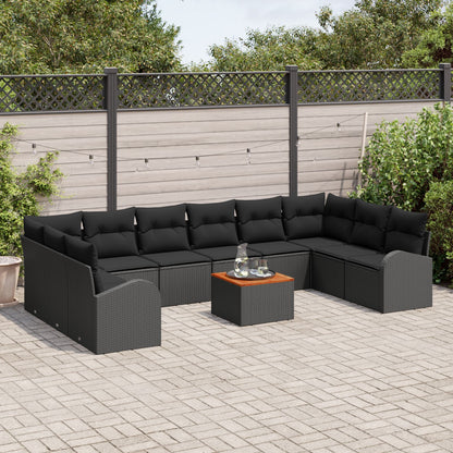 11-Delige Tuinsofa Set Met Kussens Zwart Poly Rattan Acacia