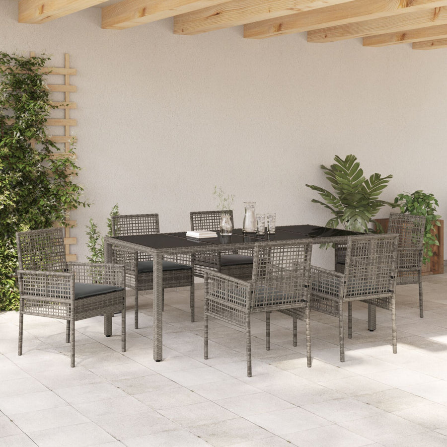7-Piece Tuin Eet Set Met Kussens Grijs Poly Rattan