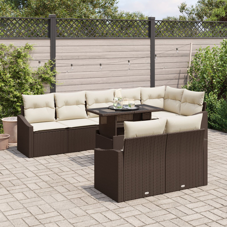 Tuin Sofa Set 9 Delen Bruin En Crème Rattan En Stof Tuin Sofa Set