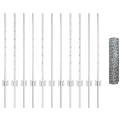 Hekpalen 11 Stuks U-Kanaal 80 Cm Gegalvaniseerd Staal,  Zeshoek Hek 0.8X25 M Gegalvaniseerd Staal