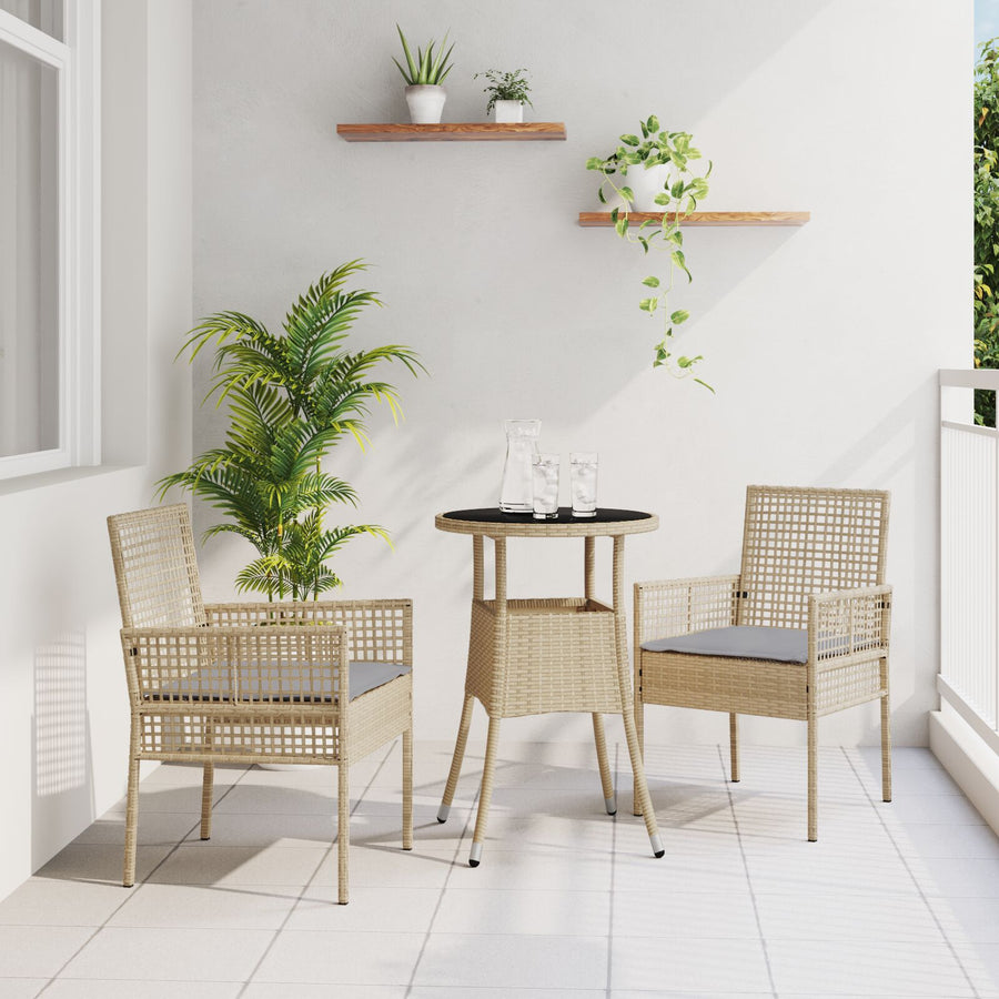 Tuin Eetset Set Van 3 Beige Wicker, Glas Duurzaam Tuin Eetset