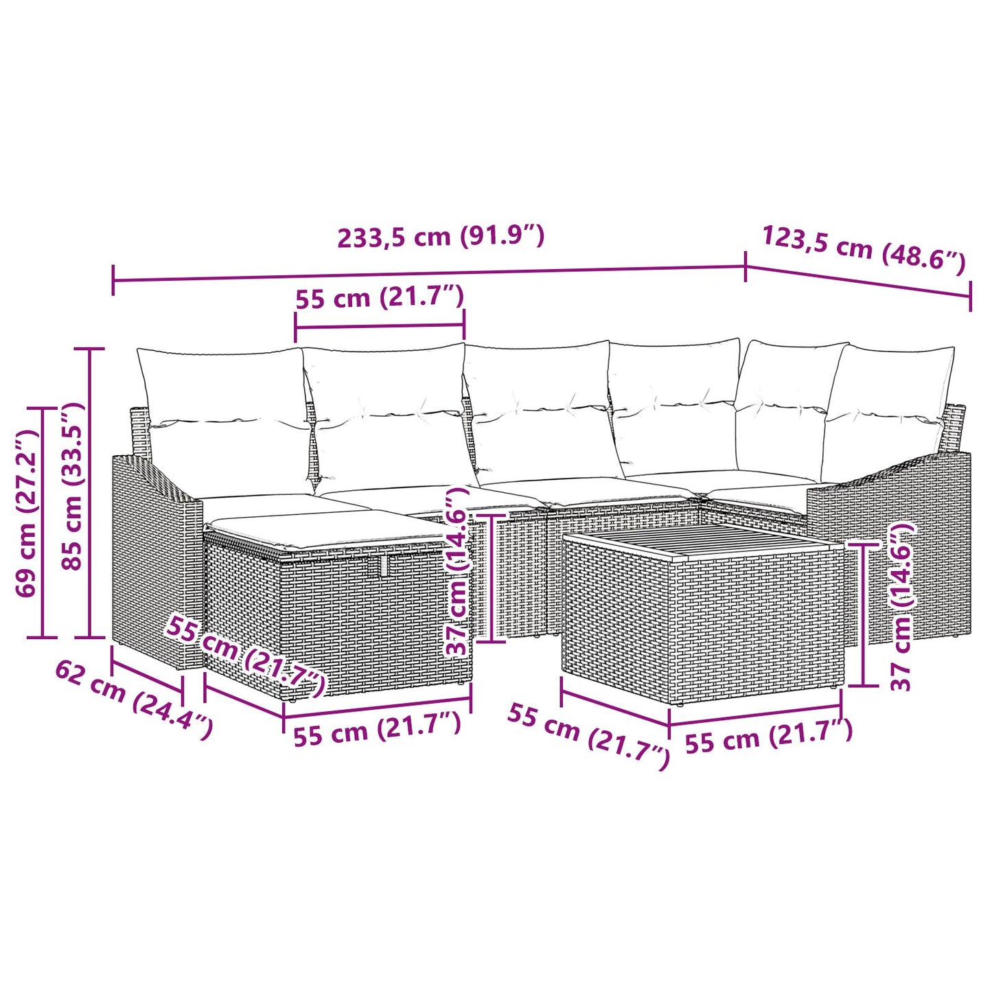 7 Delige Tuinbank Set Met Kussens Zwart Poly Rattan