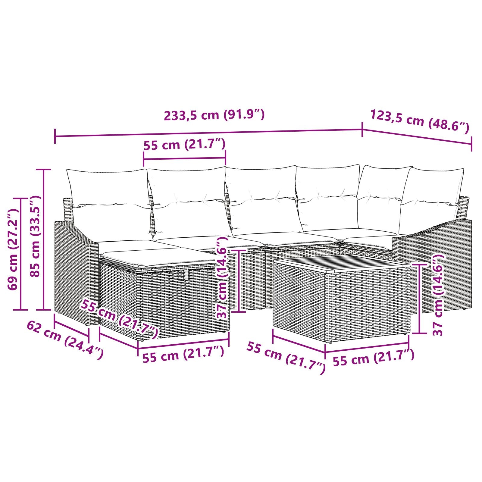 7 Delige Tuinbank Set Met Kussens Zwart Poly Rattan