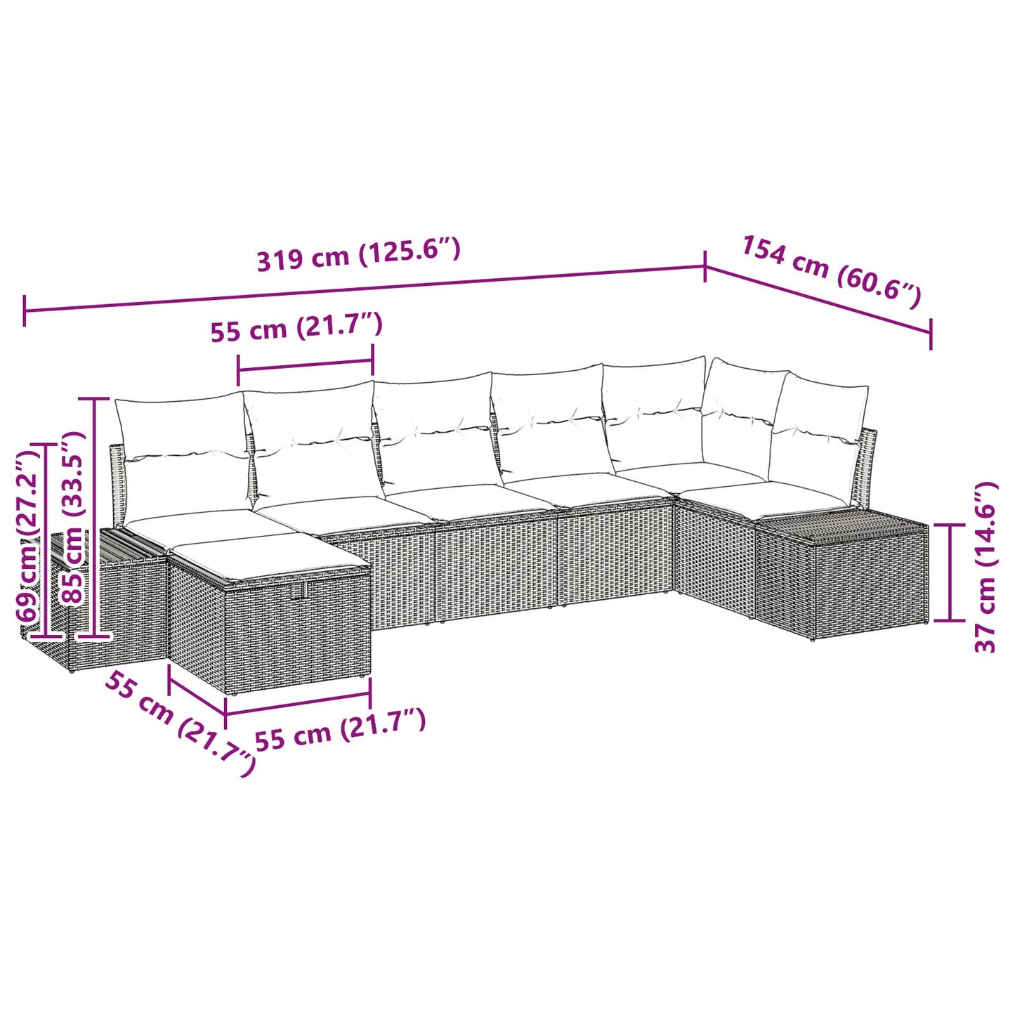 7-Delige Tuin Sofa Set Met Kussens Zwart Poly Rattan
