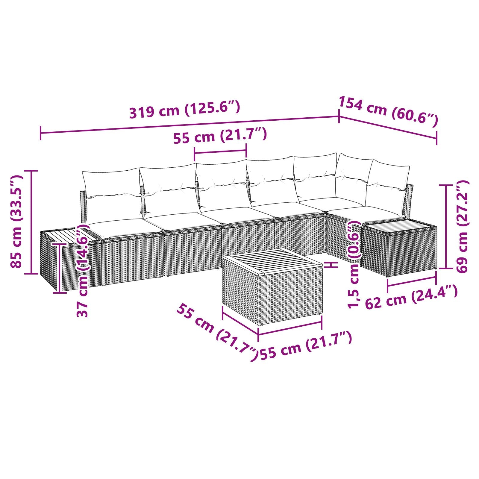 7-Delige Tuinbankset Met Kussens Poly Rattan Acacia Beige en grijs met tafel