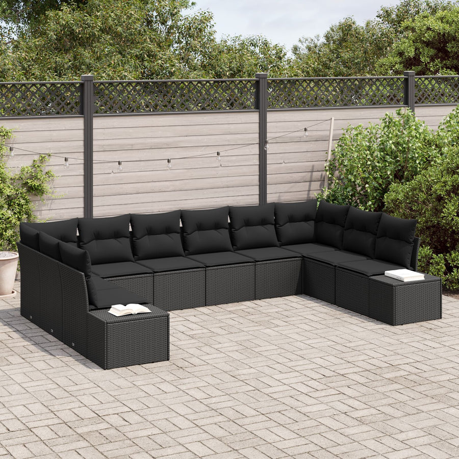 10-Delige Tuinsofa Set Met Kussens Zwart Poly Rattan