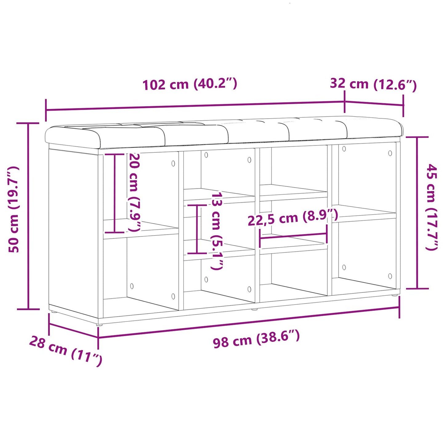 Opbergbank 100X30X48 Cm Engineered Wood 102 x 32 x 48 cm Zwart eiken