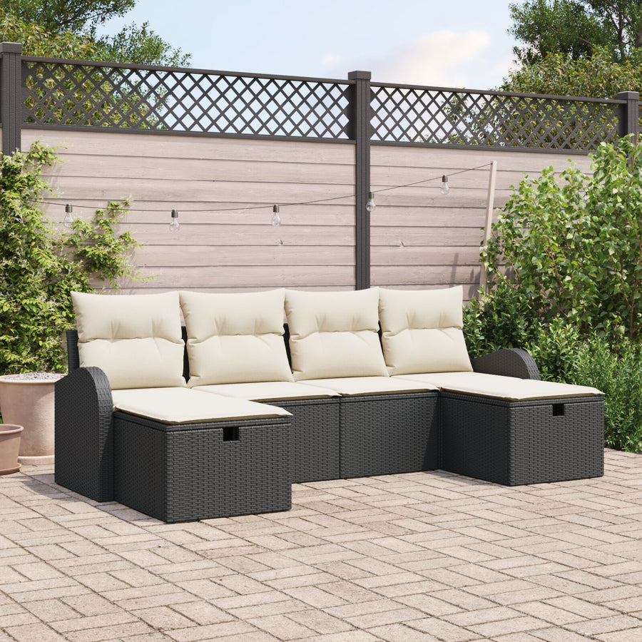 6-Delige Tuinbankset Met Kussens Zwart Poly Rattan