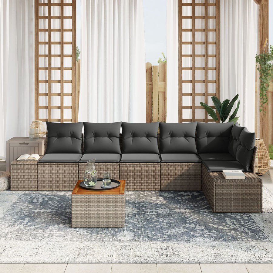 7-Delige Tuin Sofa Set Met Kussens Grijs Poly Rattan Acacia