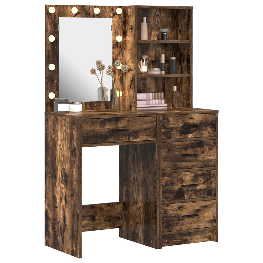2-Delige Make-Uptafel Set Met Led Gerookt Eiken Geengineerd Hout
