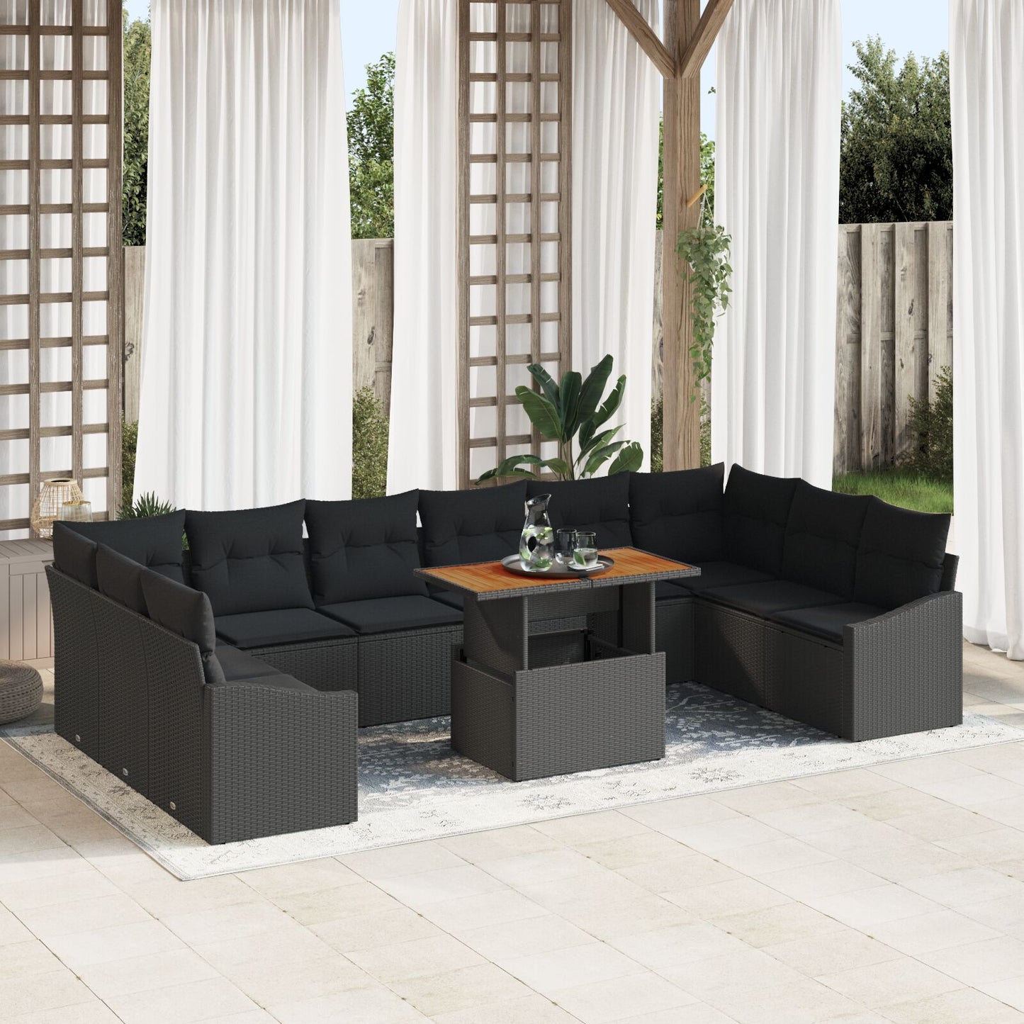Tuinset Set Van 11 Zwart Rattan, Houten Tafelblad