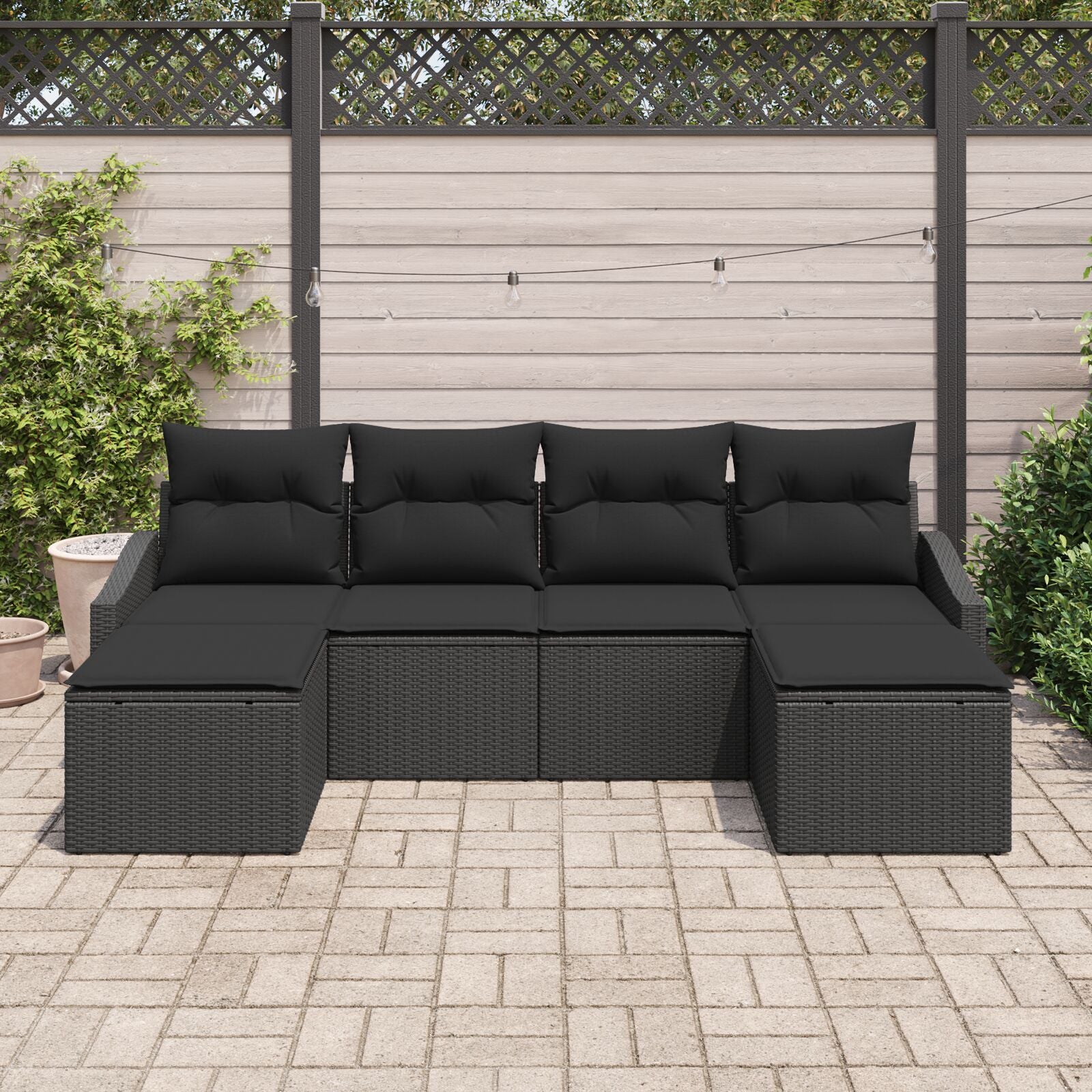 6-Delige Tuin Eettafelset Met Kussens Zwart Poly Rattan