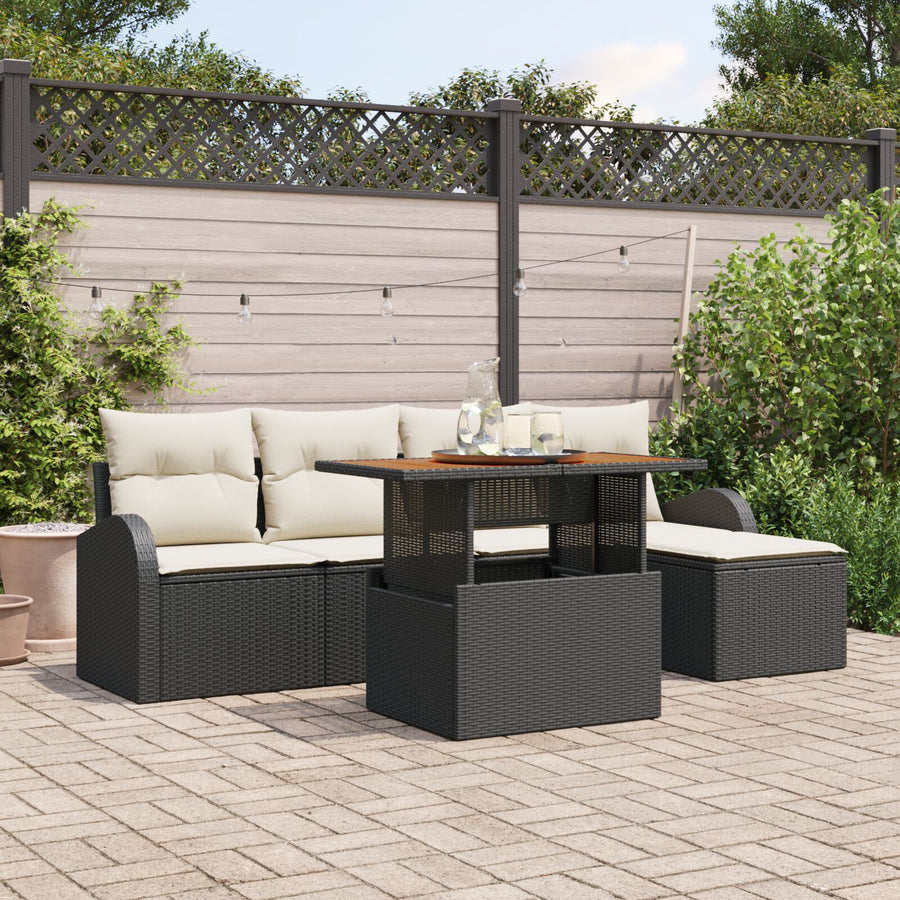 6-Delige Tuin Eetset Met Kussens Zwart Poly Rattan Acacia