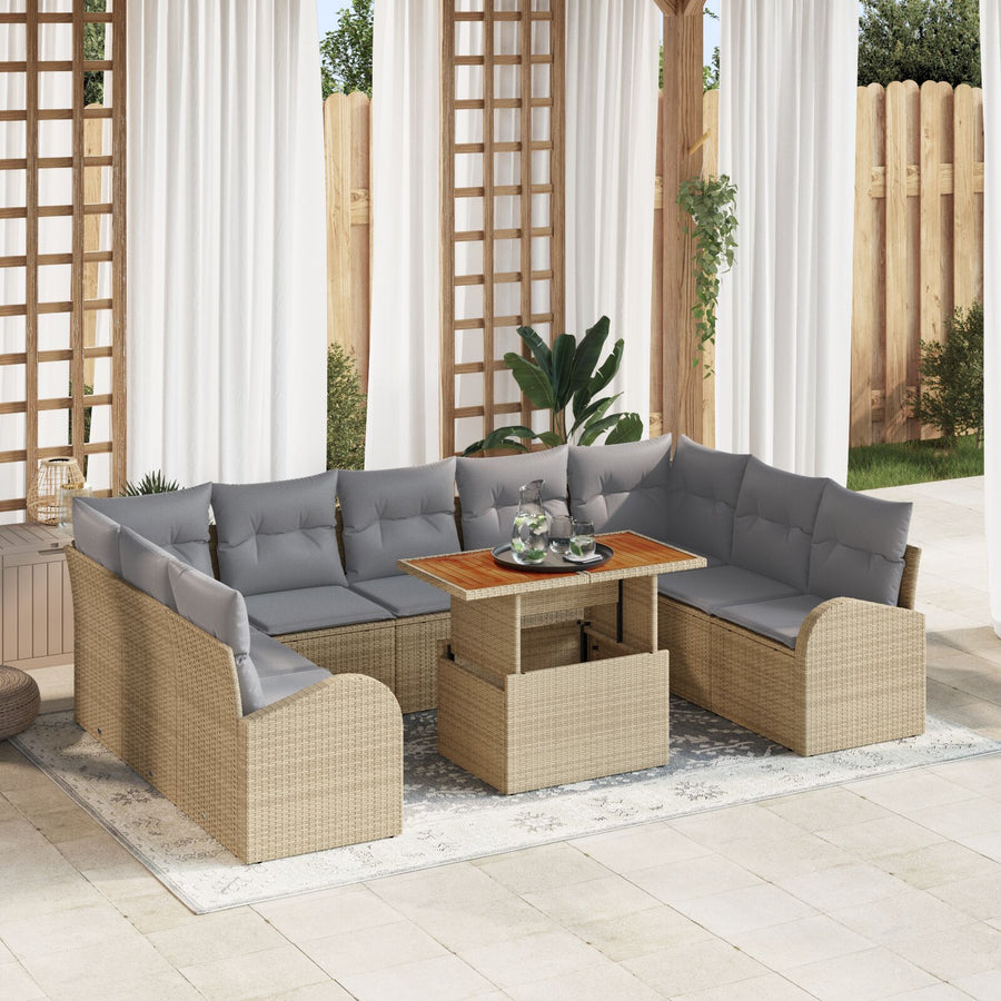 10-Delige Tuin Eetset Met Kussens Beige Poly Rattan Acacia