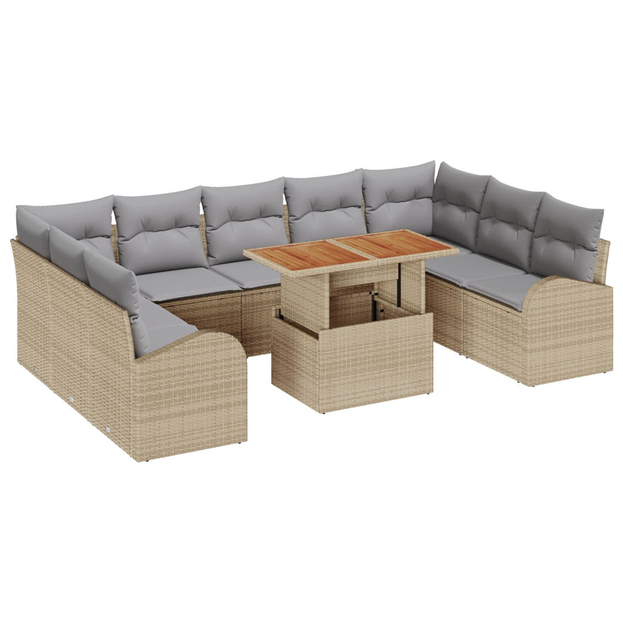 10-Delige Tuin Eetset Met Kussens Beige Poly Rattan Acacia