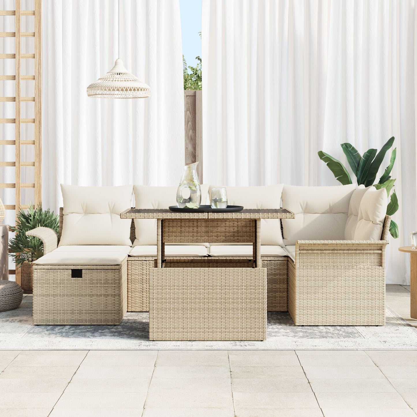 7-Delige Tuinsofa Set Met Kussens Beige Poly Rattan