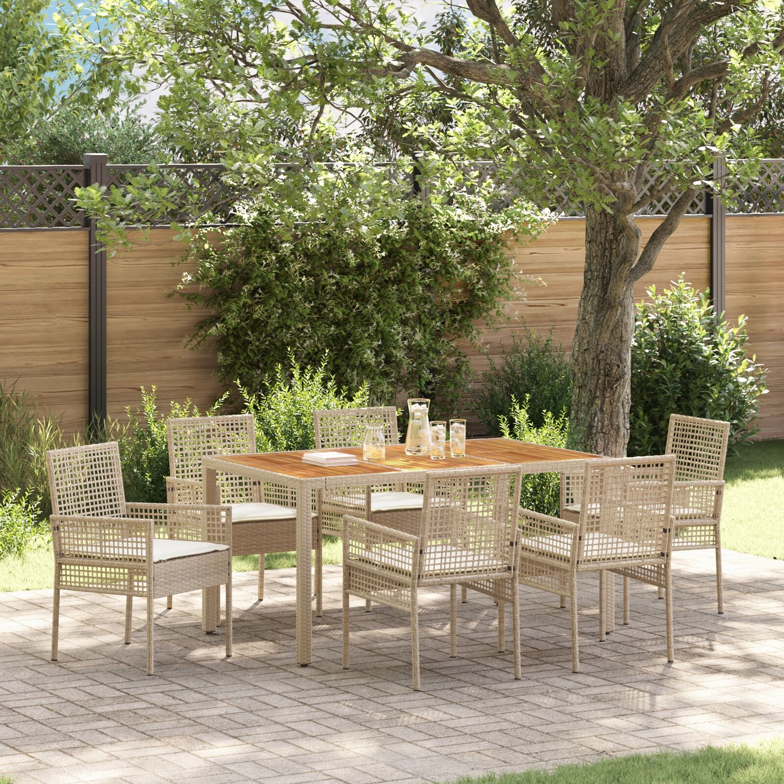 7 Delige Tuin Eetset Met Kussens Beige Poly Rattan