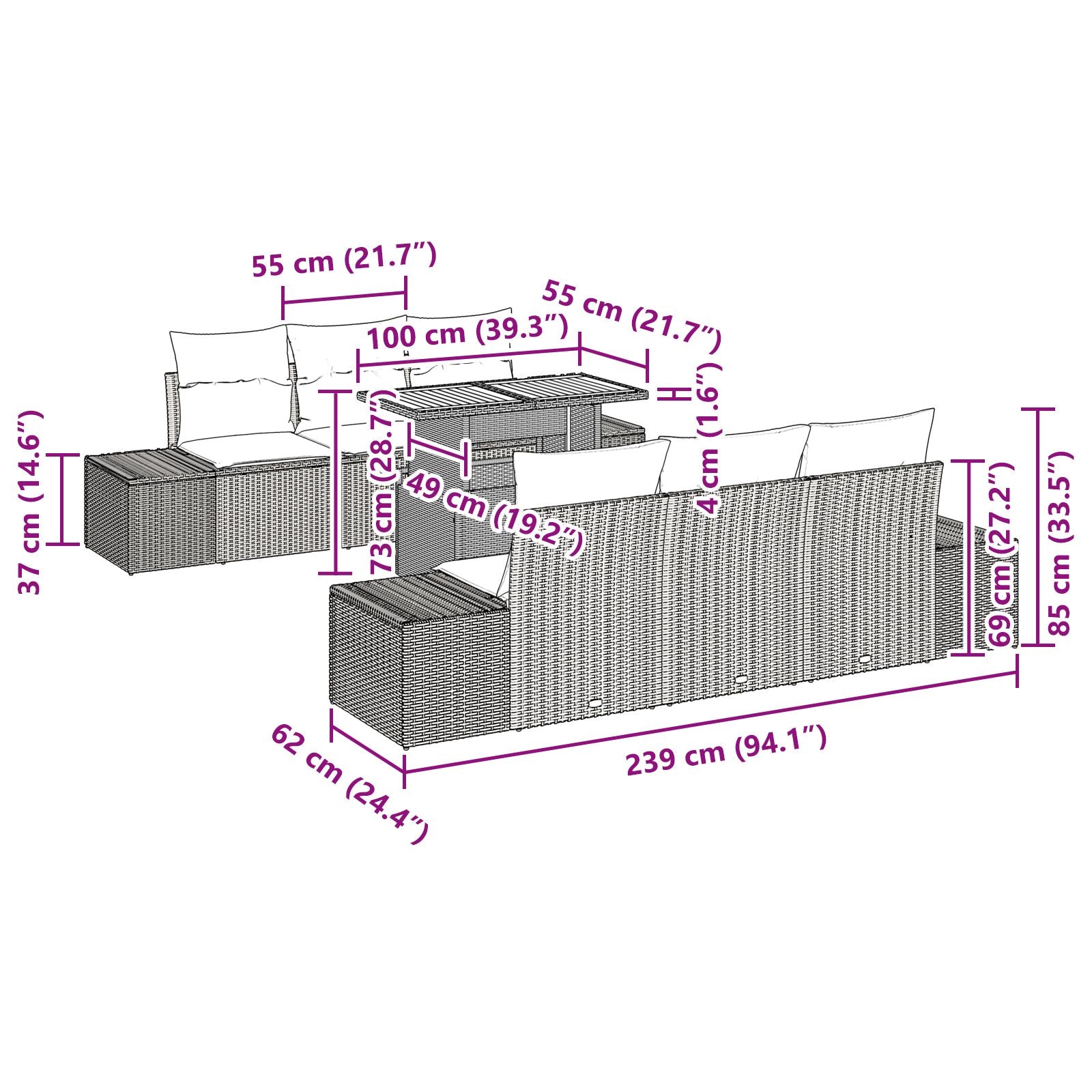 Tuin Sofa Set 7-Delig Zwart Rattan Buiten Tafel Rechthoekig