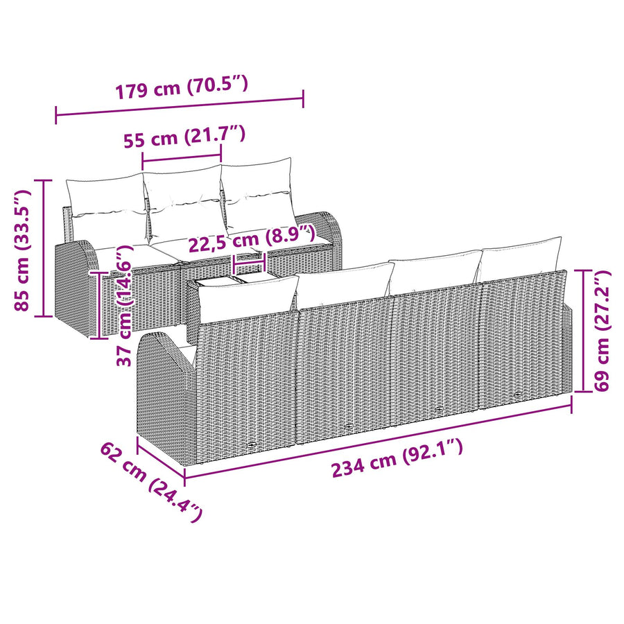 Set Van 8 Tuinbank Met Kussens Beige Poly Riet