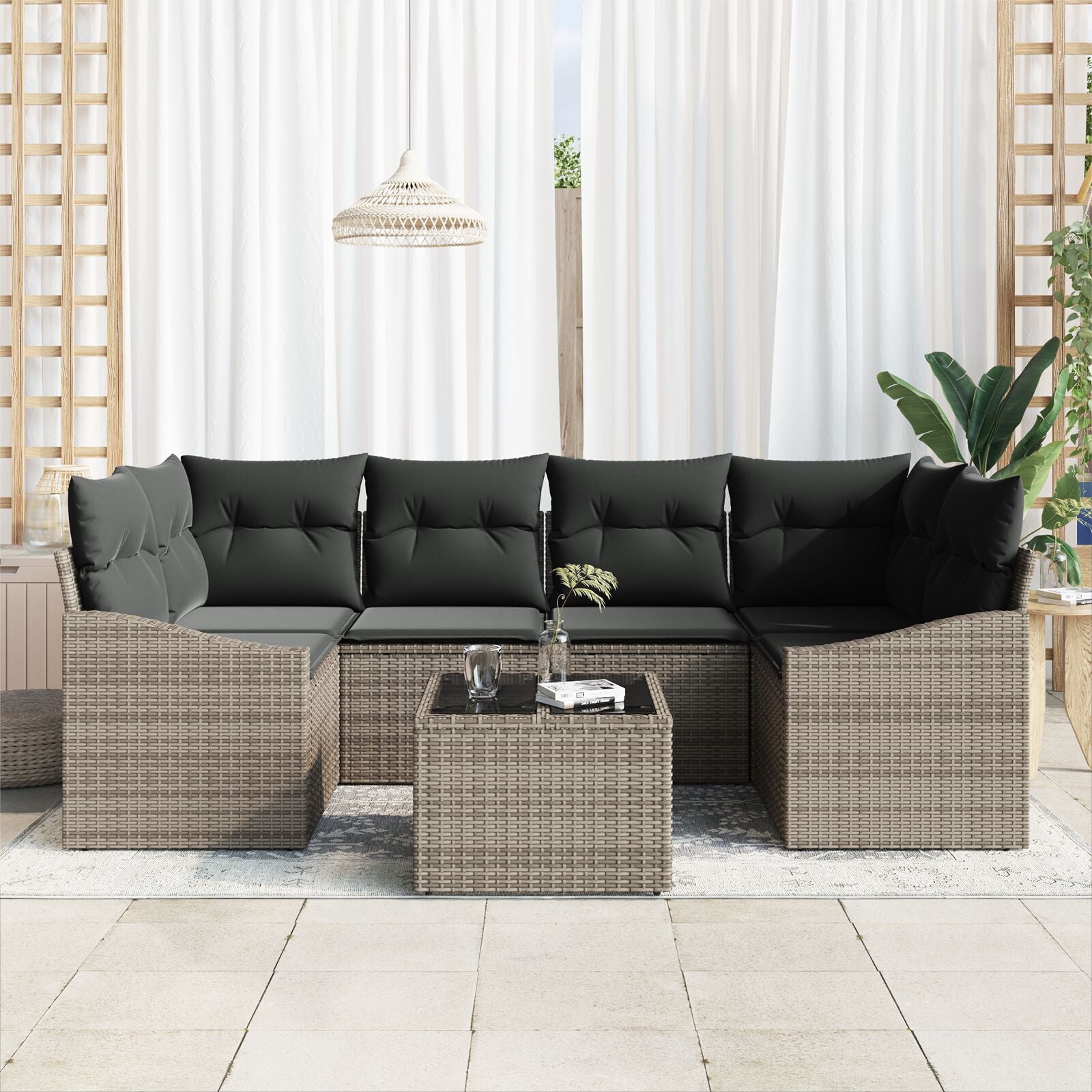 7-Delige Tuinsalonset Met Kussens Grijs Poly Rattan
