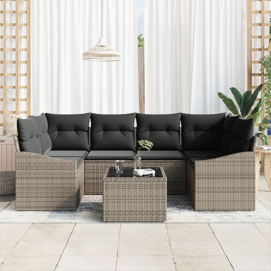7-Delige Tuinsalonset Met Kussens Grijs Poly Rattan