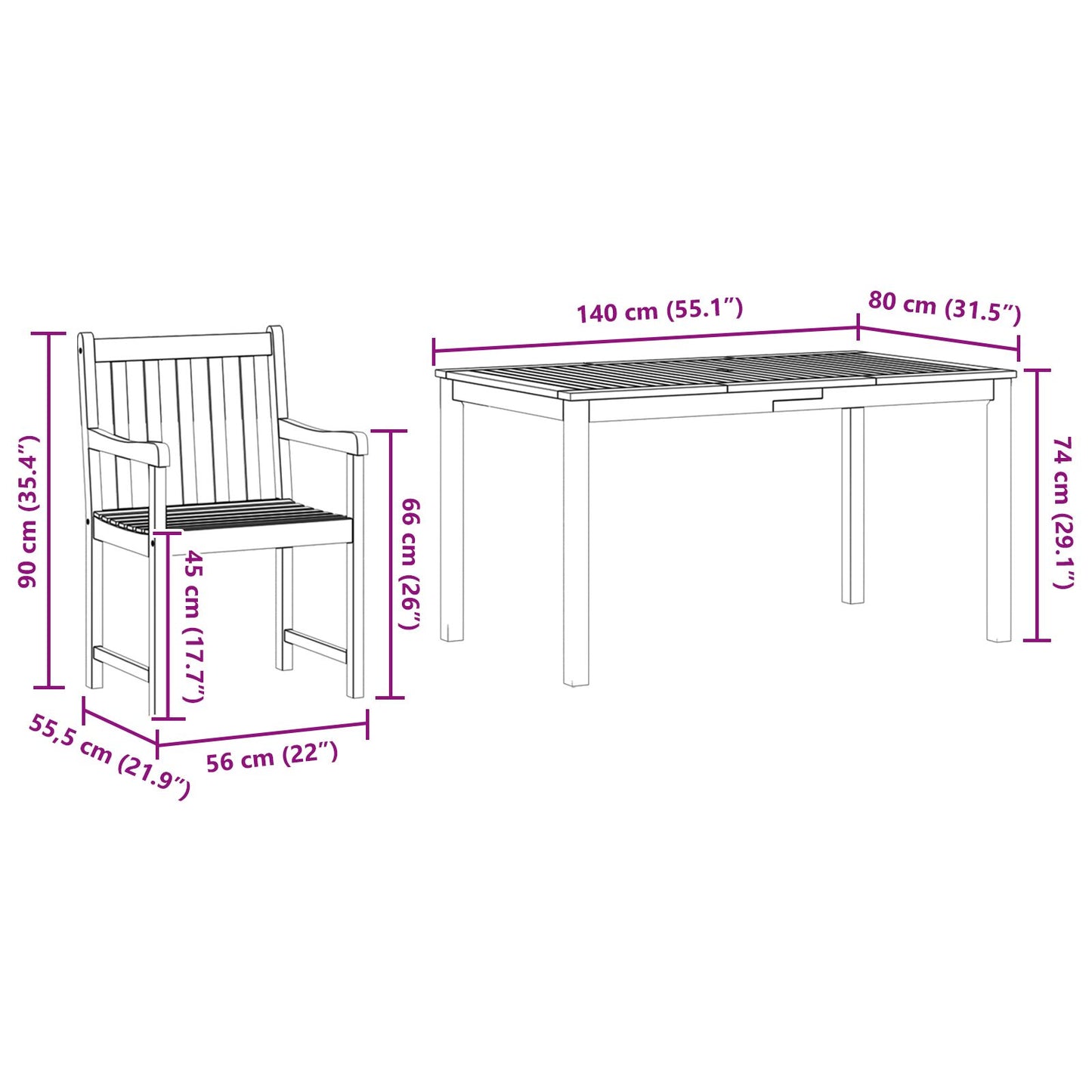 7-Delige Tuin Eetset Van Massief Acaciahout Tafellengte van 140 cm 6-zitter