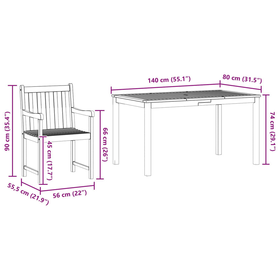 7-Delige Tuin Eetset Van Massief Acaciahout Tafellengte van 140 cm 6-zitter