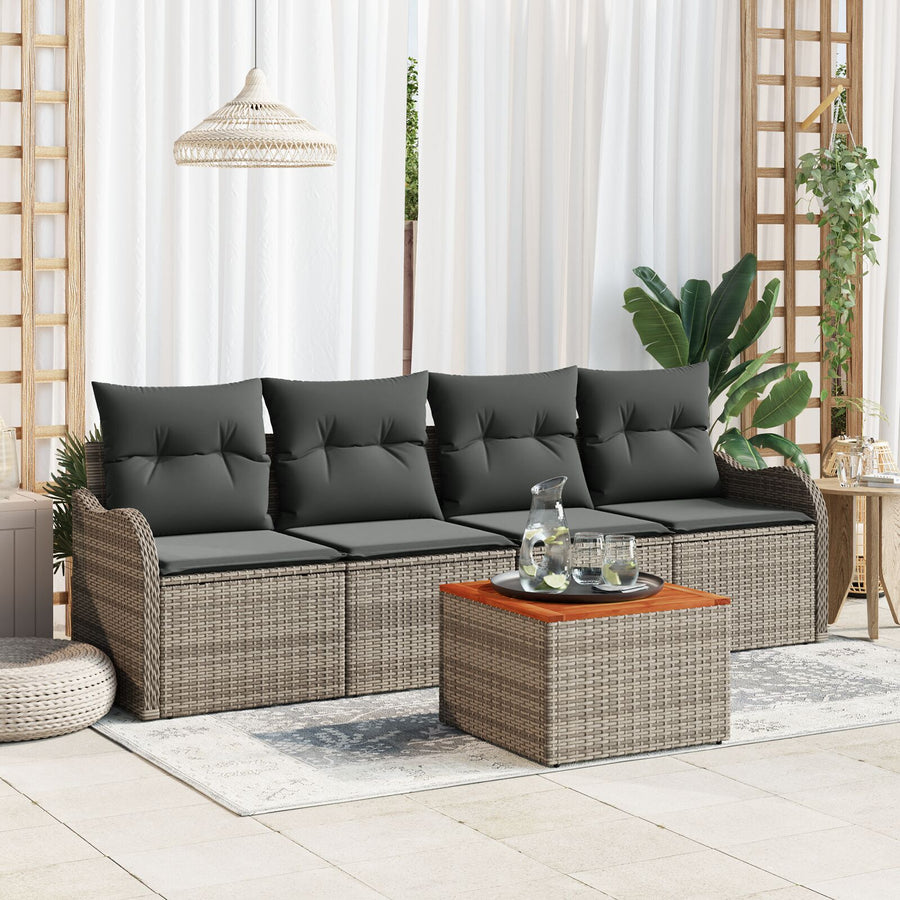 5-Delige Tuinbankset Met Kussens Grijs Poly Rattan Acacia