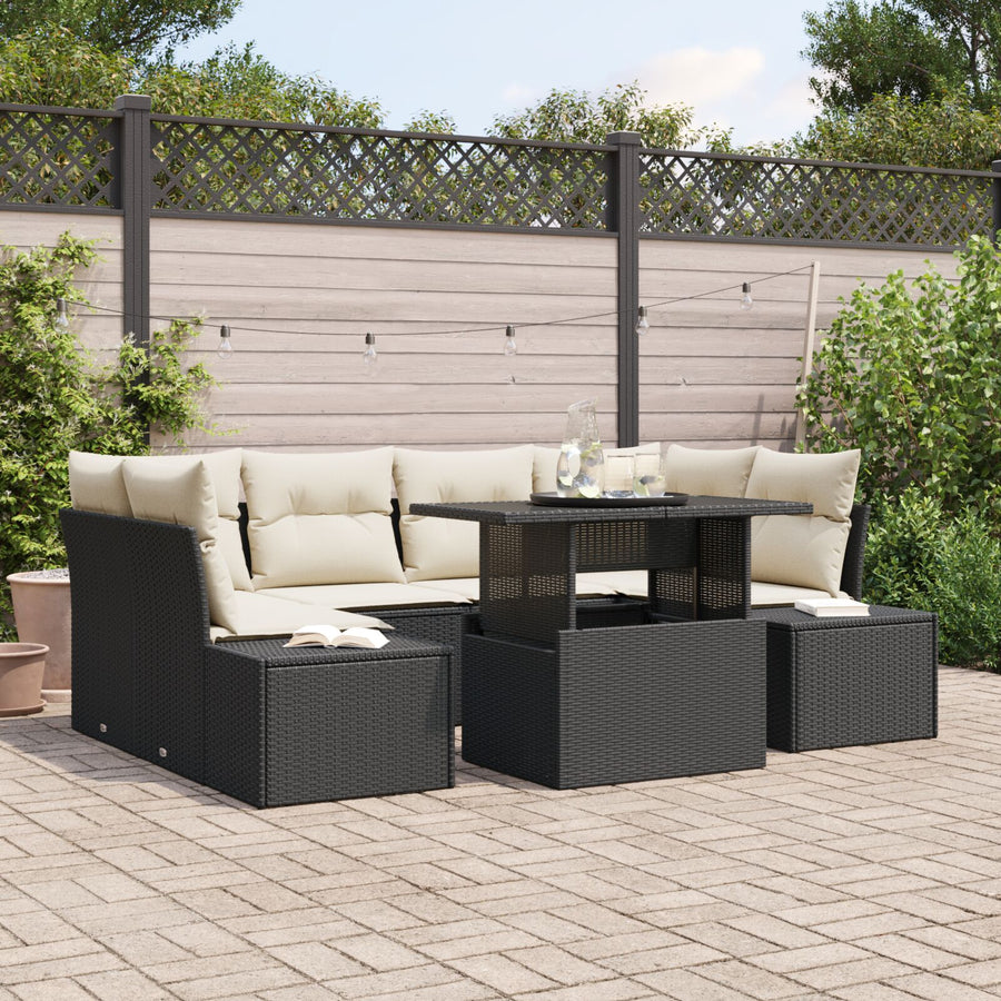 Tuin Sofa Set Set Van 7 Zwart En Crème Poly Rattan, Staal, Stof