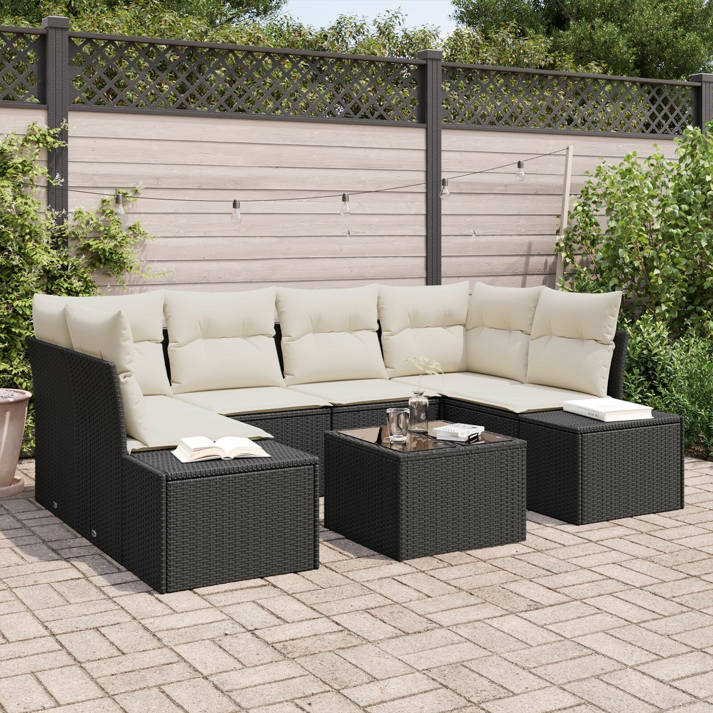 7-Delige Tuinbank Set Met Kussens Zwart Poly Rattan