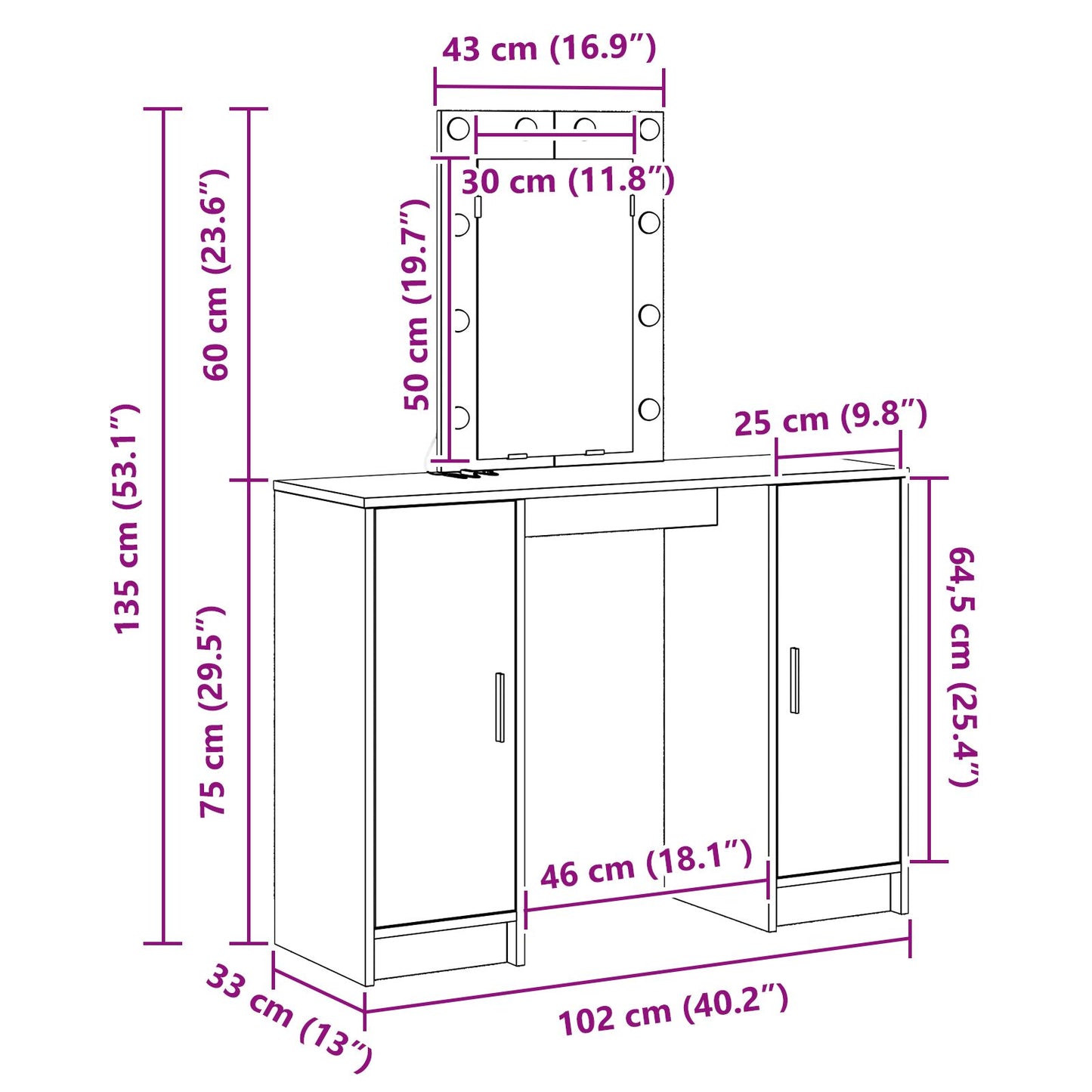 Dressing Tafel Met Led Verlichting 102X33X135 Cm Artisan eiken