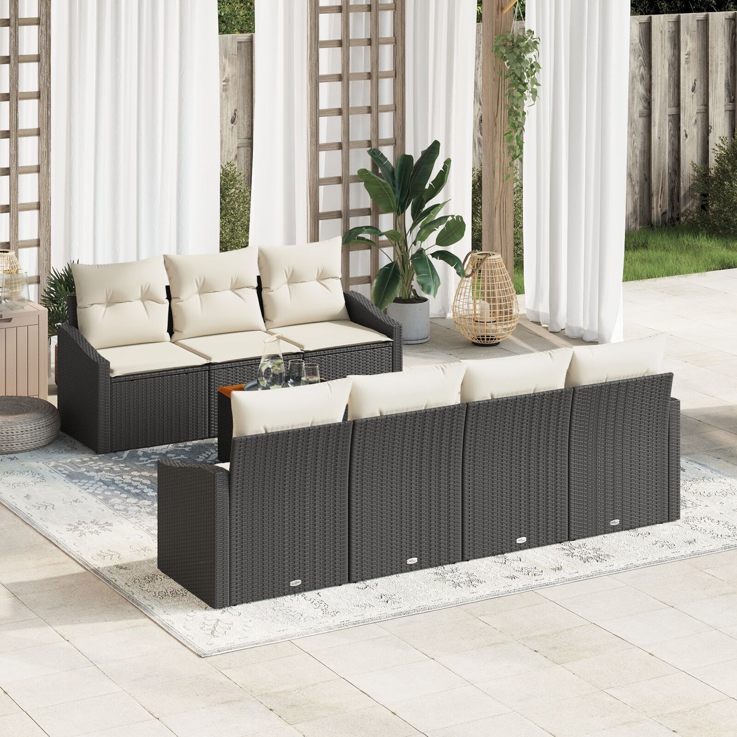 8-Delige Tuinbankset Met Kussens Zwart Poly Rattan Acacia