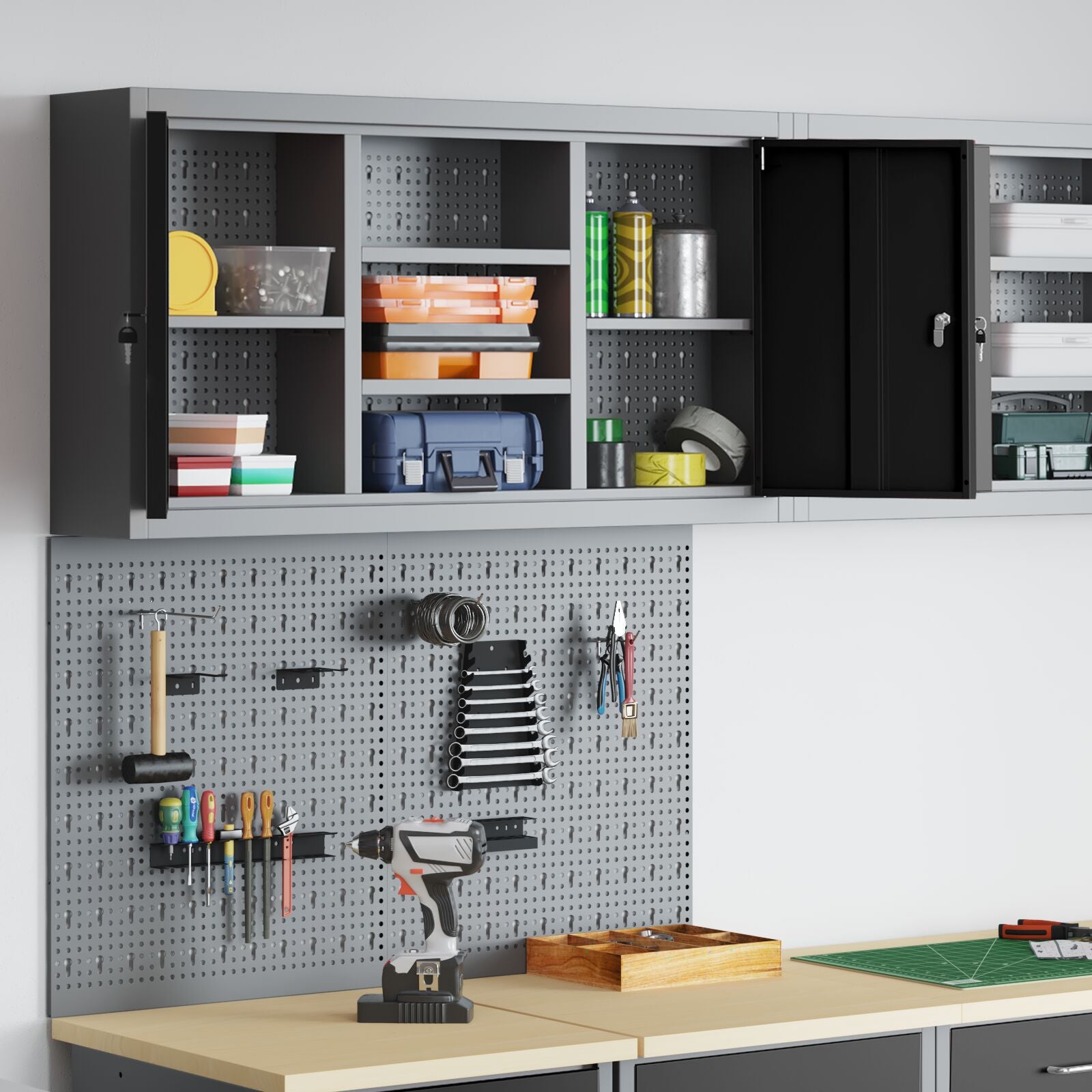 3 Delige Gereedschapskast En Pegboard Set Wandgemonteerd Zwart Metaal