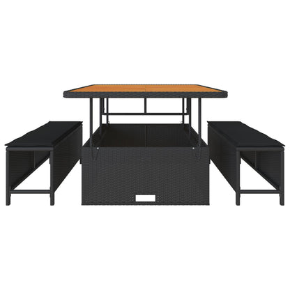 3-Delige Tuin Dinerset Met Kussens Poly Rattan Acacia 100 cm Zwart 2 krukken