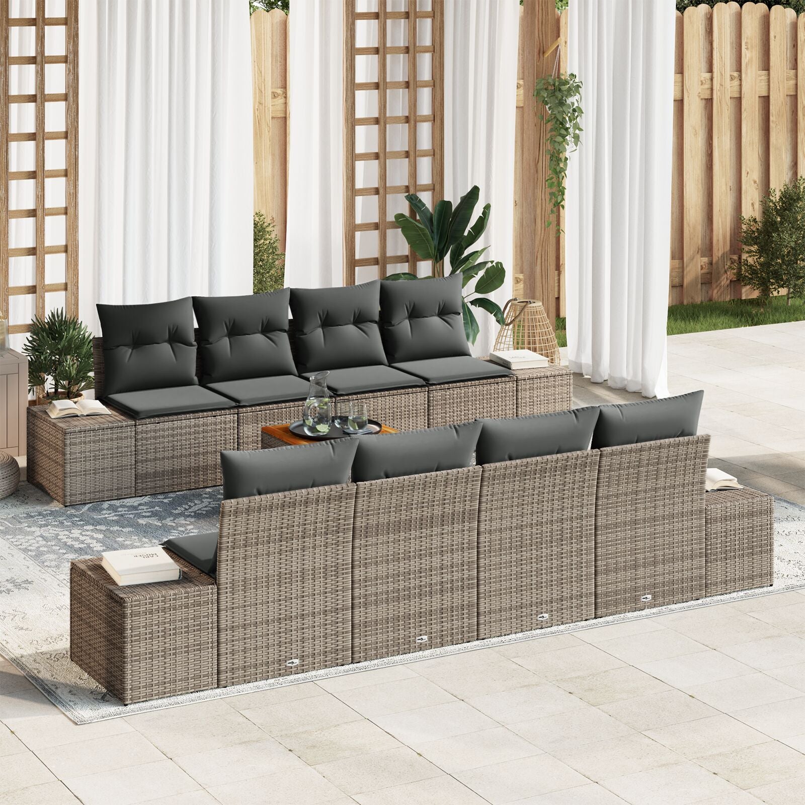 9-Delige Tuinbankset Met Kussens Grijs Poly Rattan Acacia