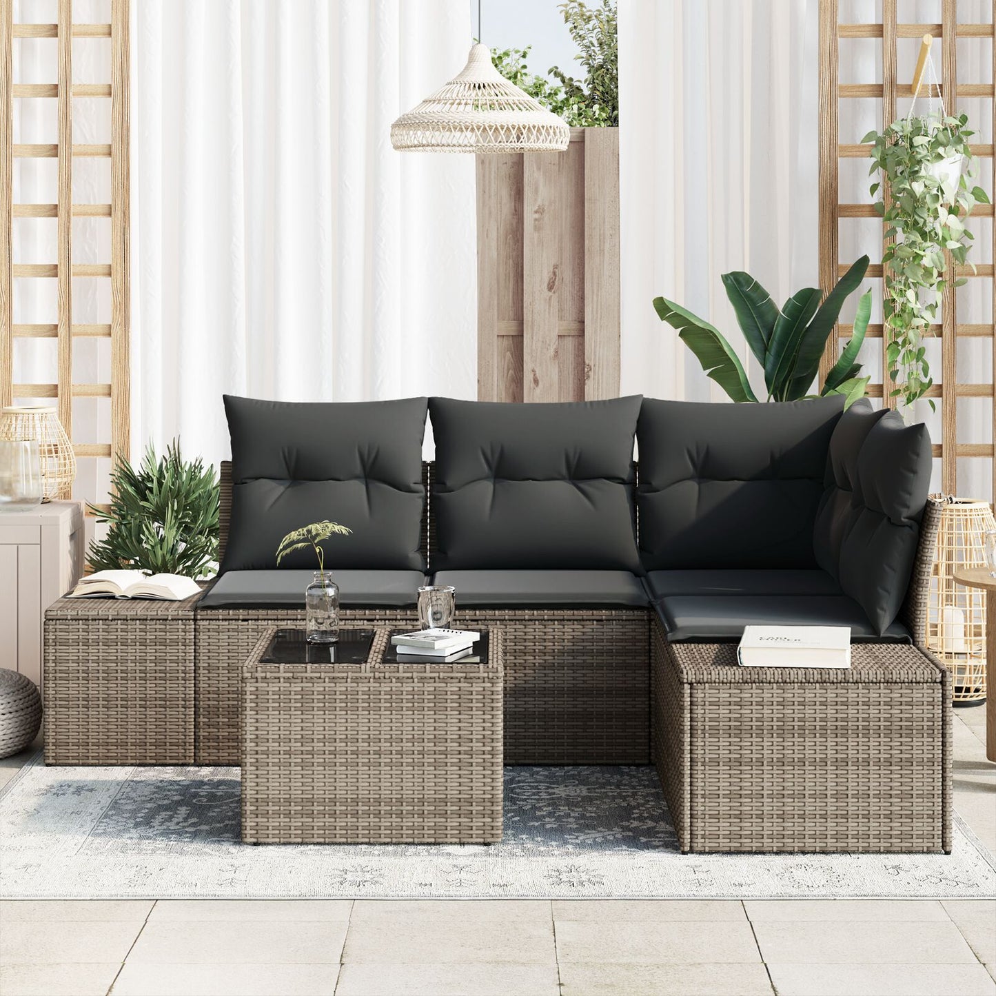 4-Delige Tuinsalon Set Met Kussens Zwart Poly Rattan Grijs met tafel