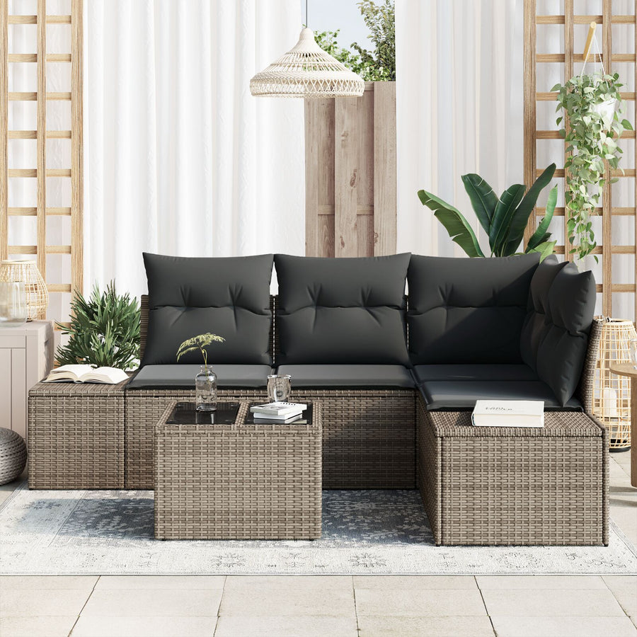 4-Delige Tuinsalon Set Met Kussens Zwart Poly Rattan Grijs met tafel