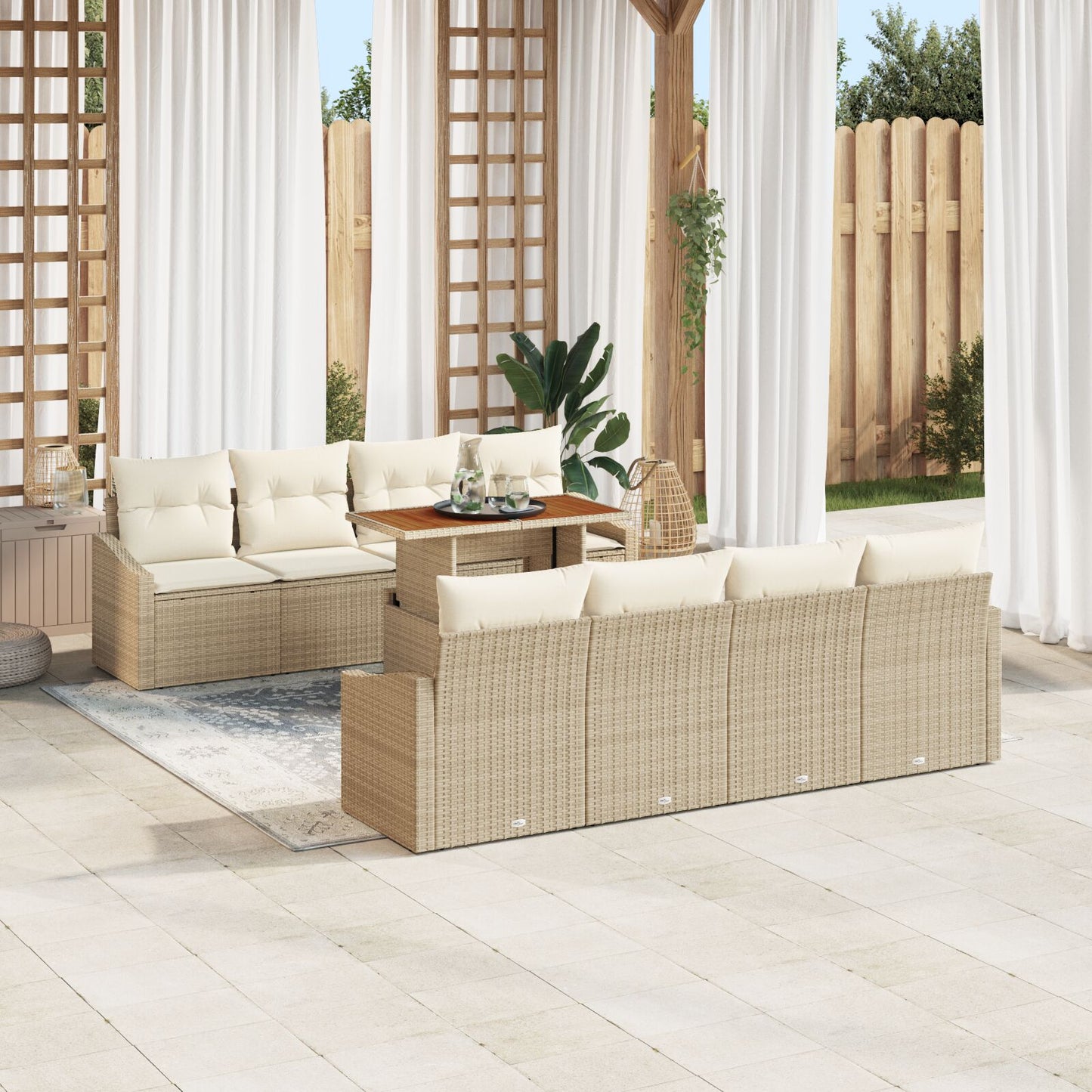 9-Delige Tuin Eetset Met Kussens Beige Poly Rattan Acacia
