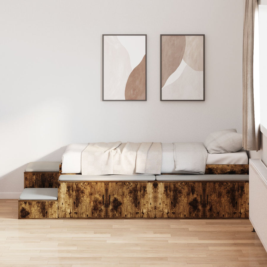 Opslagebed Gerookt Eiken Bewerkt Hout, Mdf 90 X 190 Cm Artisanaal Eiken