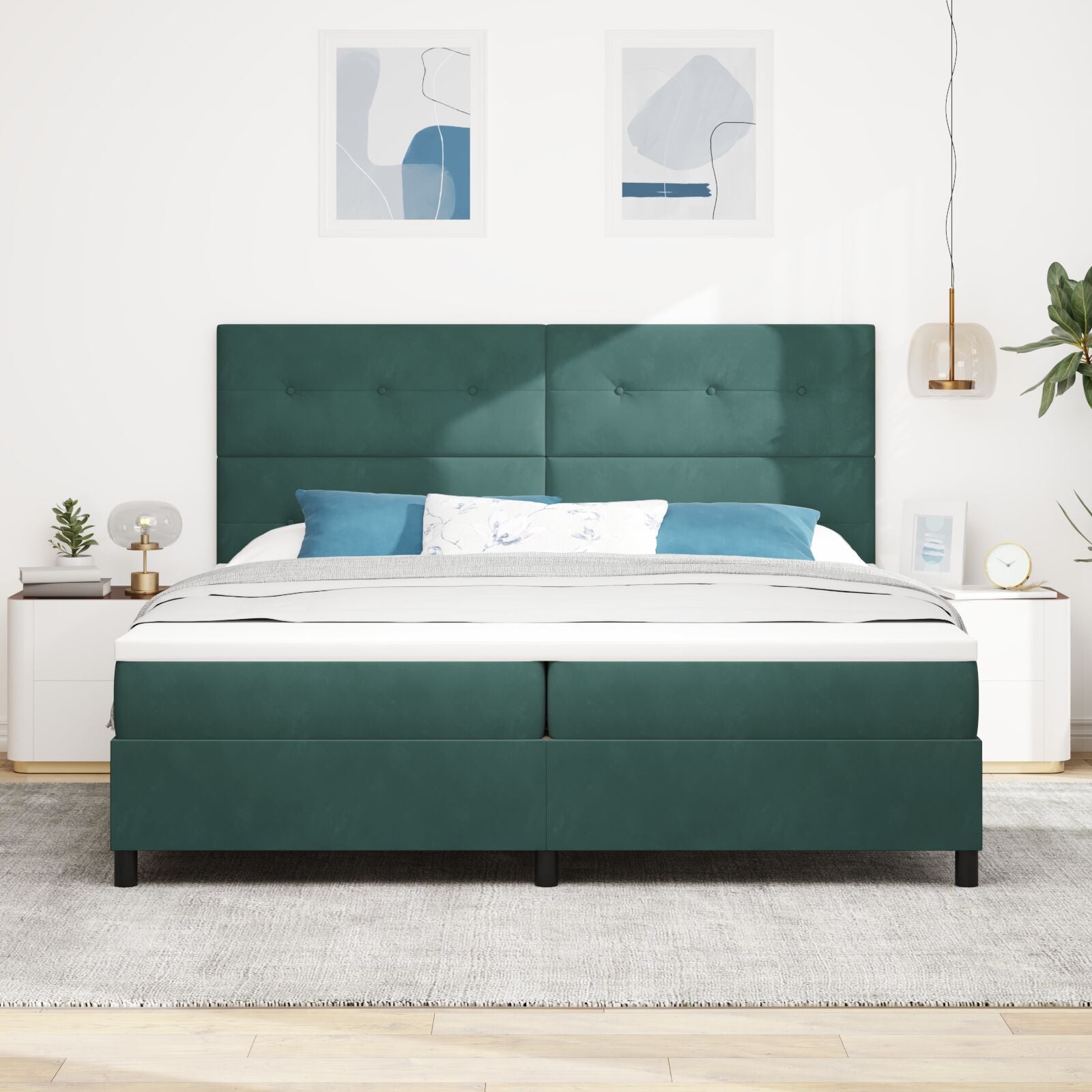 Boxspring Bed Met Matras Donkergroen 200X200 Cm Fluweel Blauw