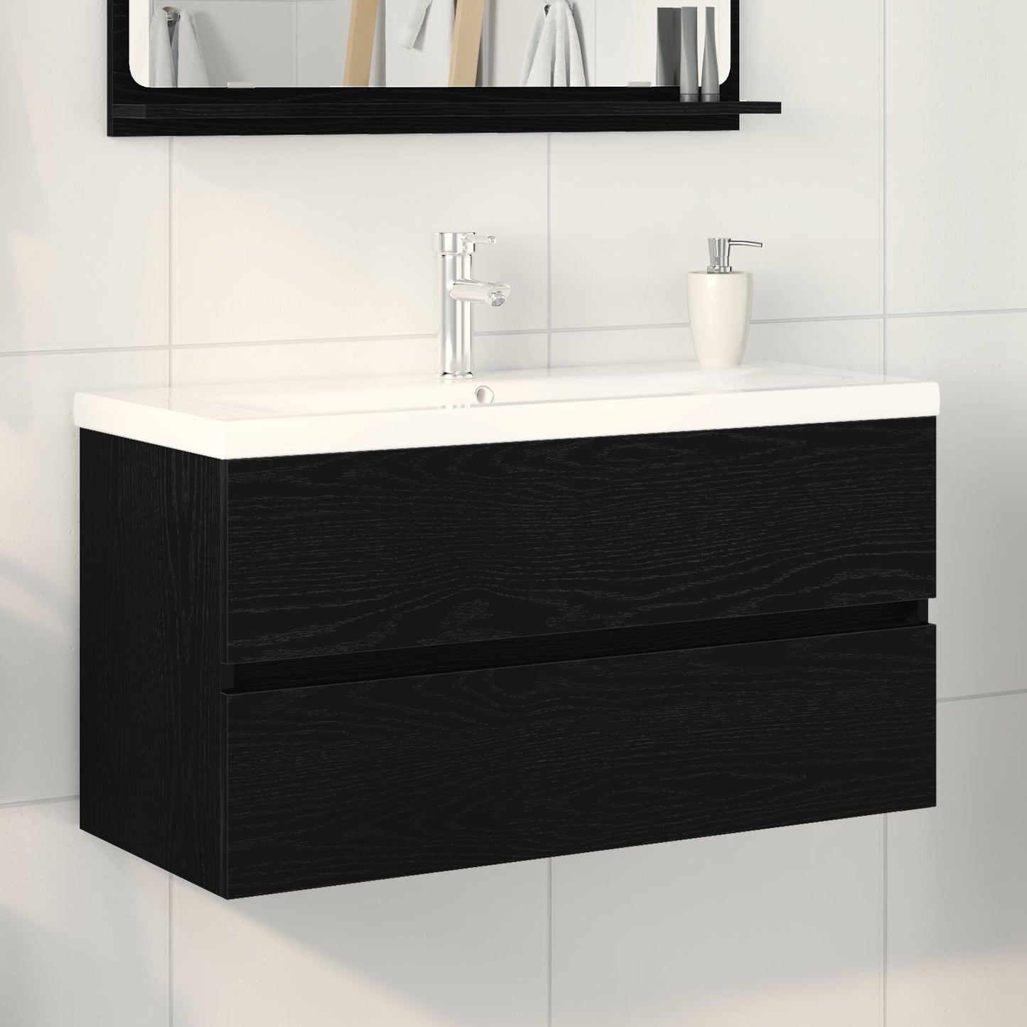 Spoelcabinet Met Ingebouwd Basin Zwart Eiken Bewerkt Hout,  Spoelcabinet Zwart Eiken 90X38,5X45 Cm Bewerkt Hout