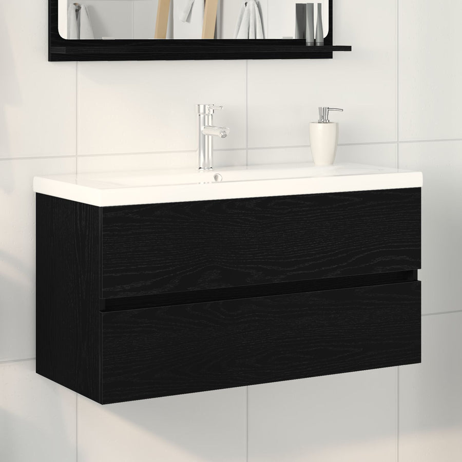 Spoelcabinet Met Ingebouwd Basin Zwart Eiken Bewerkt Hout,  Spoelcabinet Zwart Eiken 90X38,5X45 Cm Bewerkt Hout