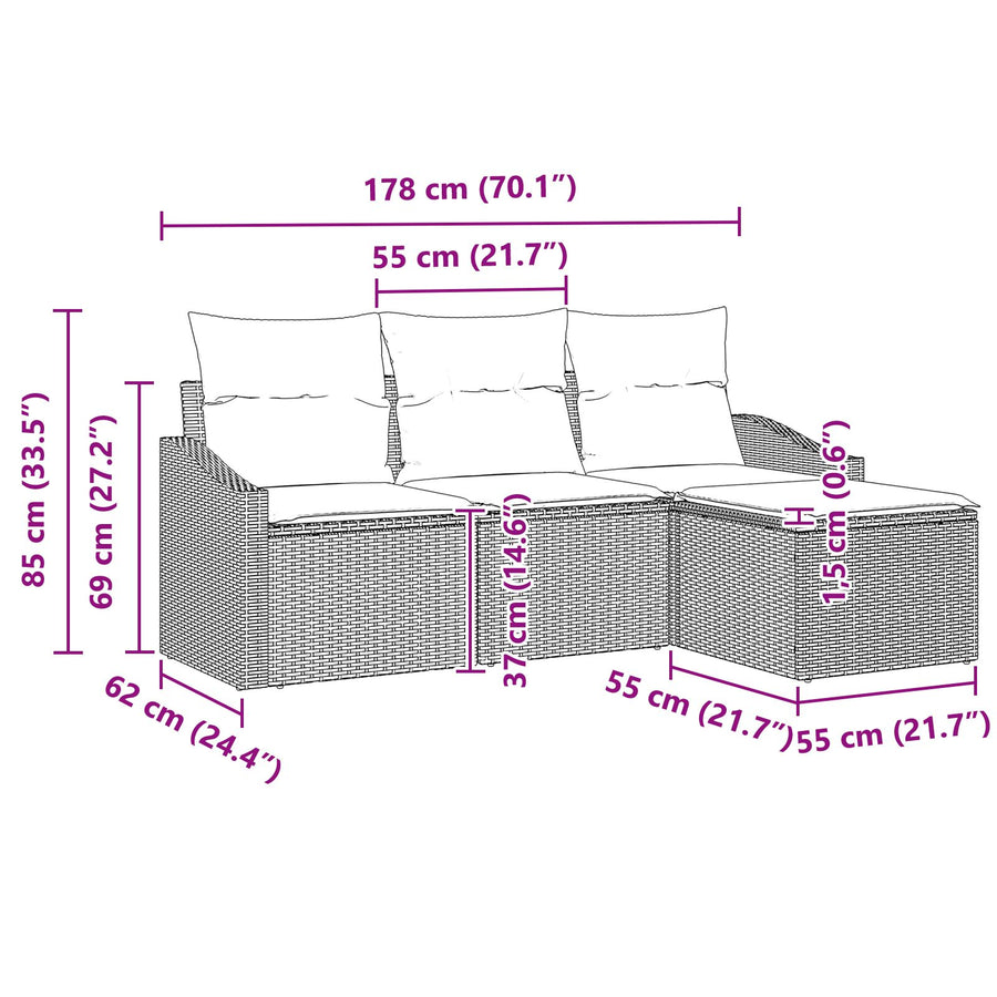 4 Delige Tuin Sofa Set Met Kussens Lichtgrijs Poly Rattan