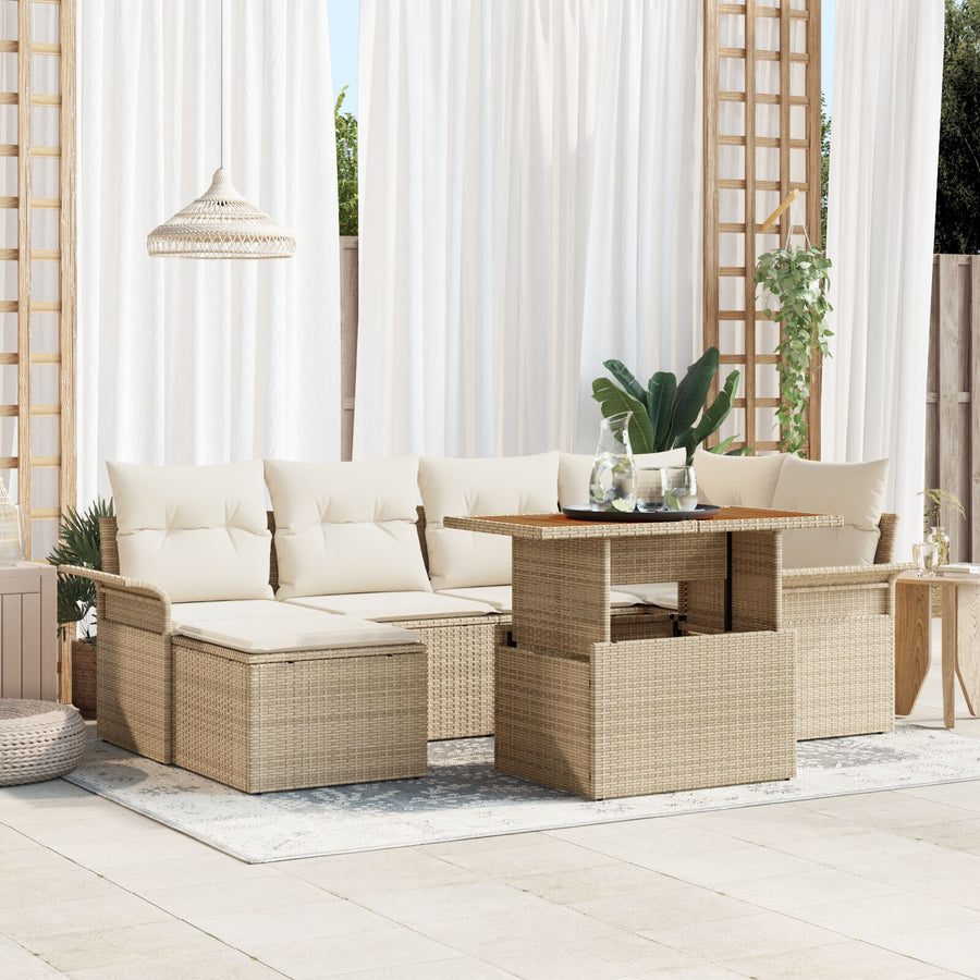 7-Delige Tuin Eetset Met Kussens Beige Poly Rattan Acacia